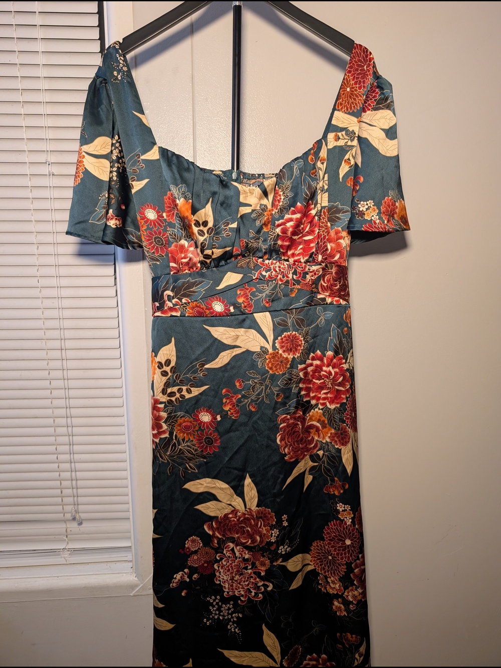 Arula Floral Midi Dress in Teal with Red Blooms